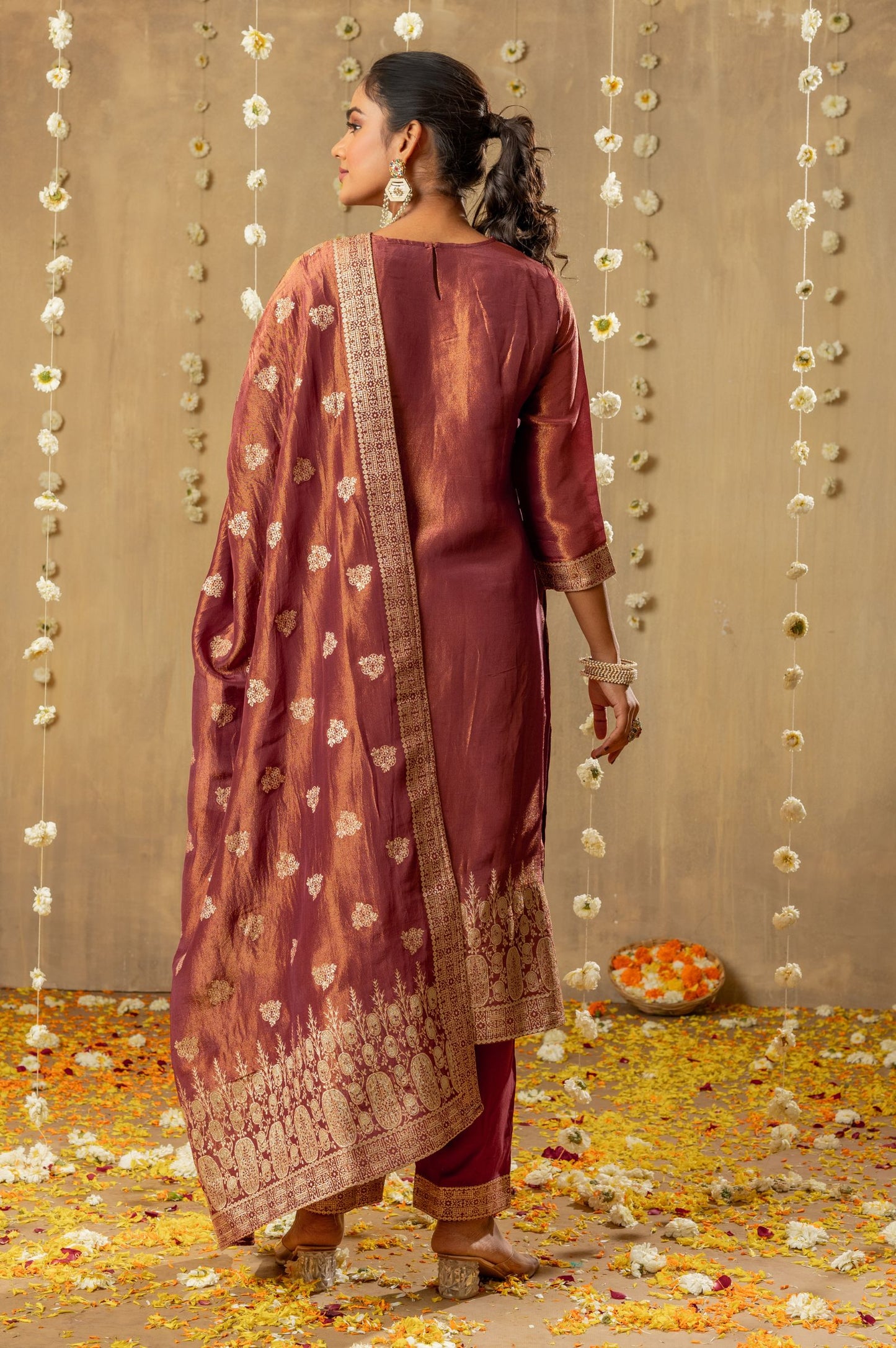 Maroon Viscose Simmer Jacquard Handwork Set Kurta Set with Dupatta