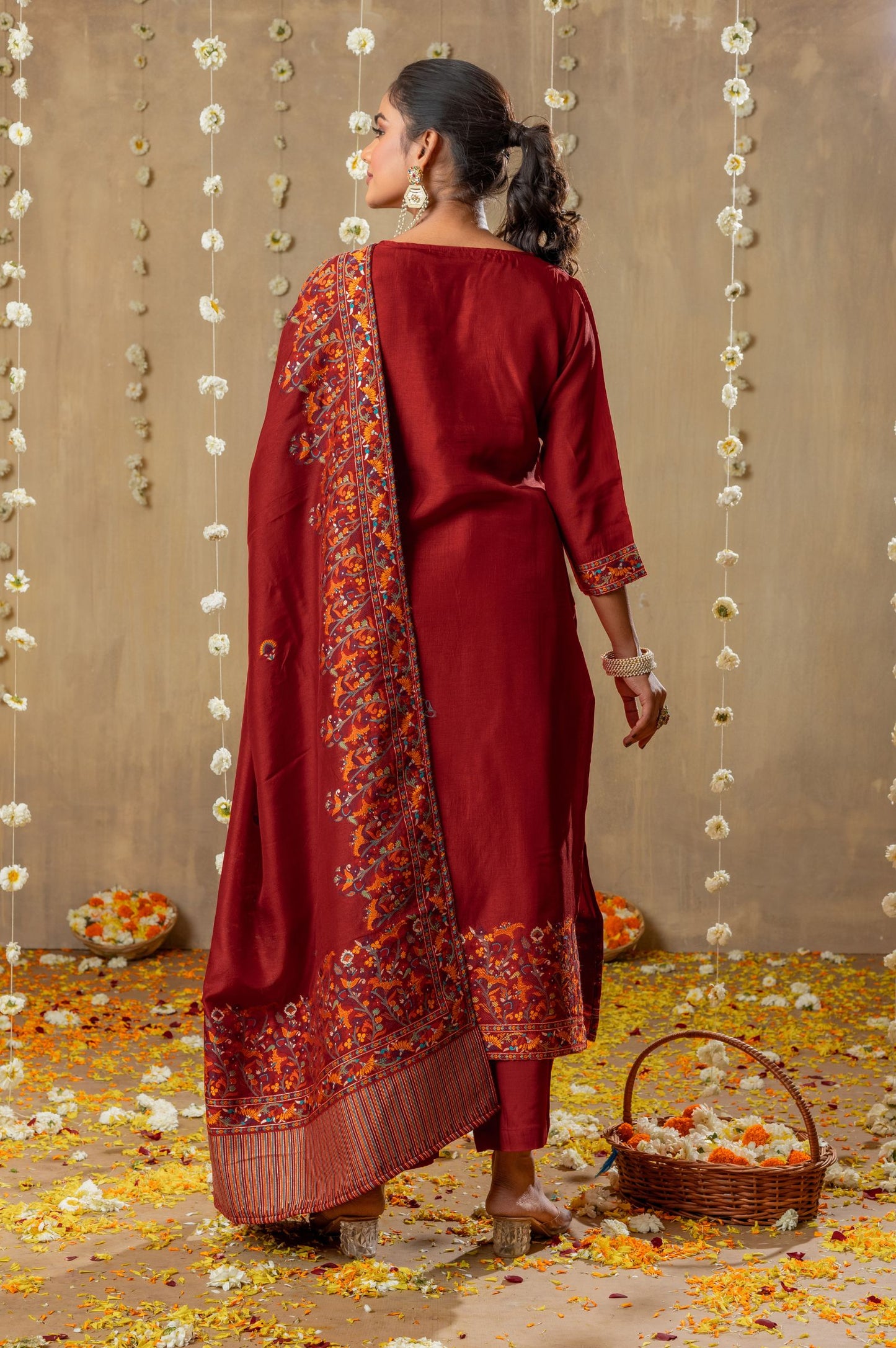 Red Russian Silk Jacquard Handwork Kurta Set with Dupatta
