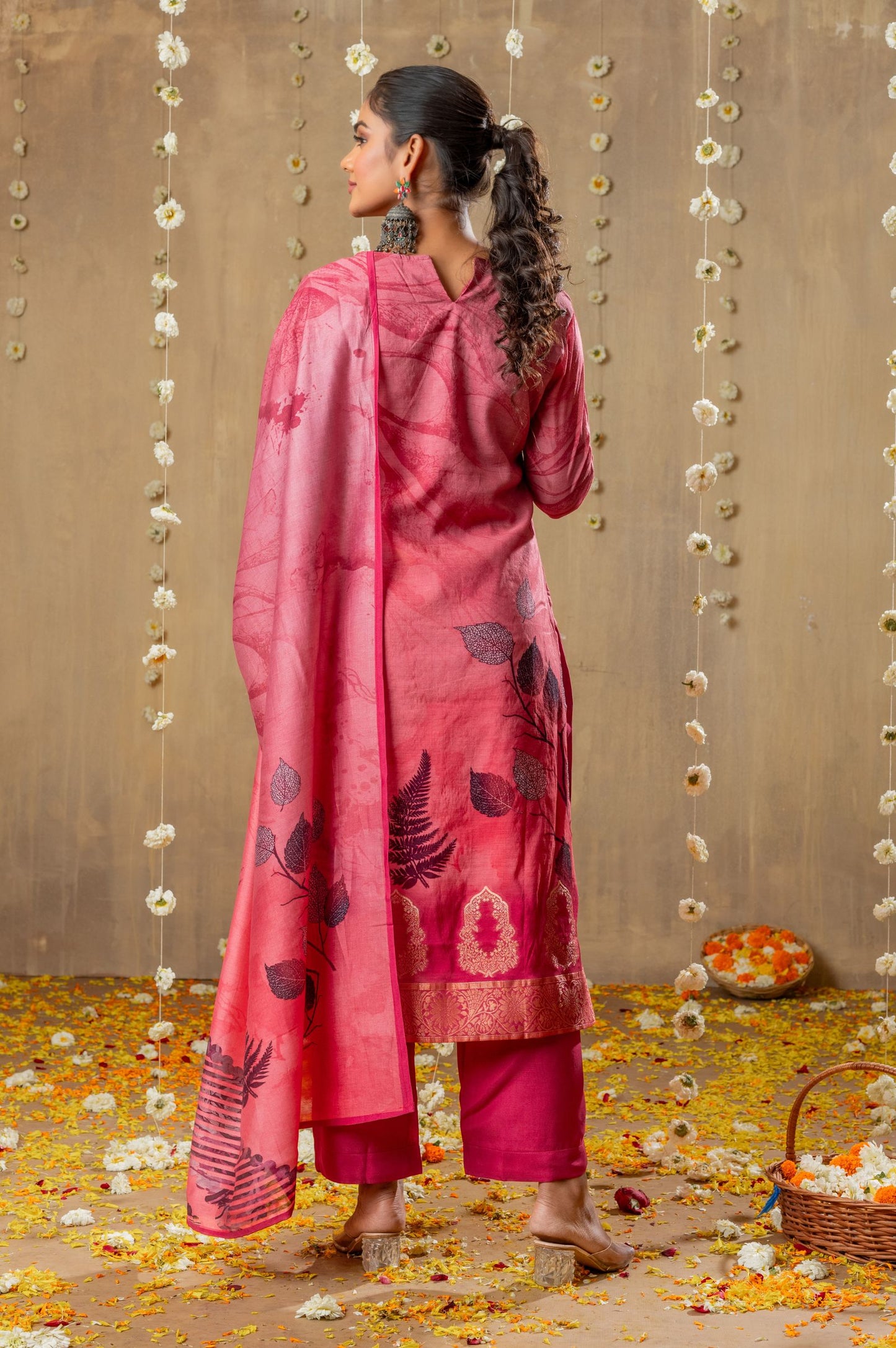 Pink Viscose Muslin Jacquard Handwork Kurta Set with Dupatta
