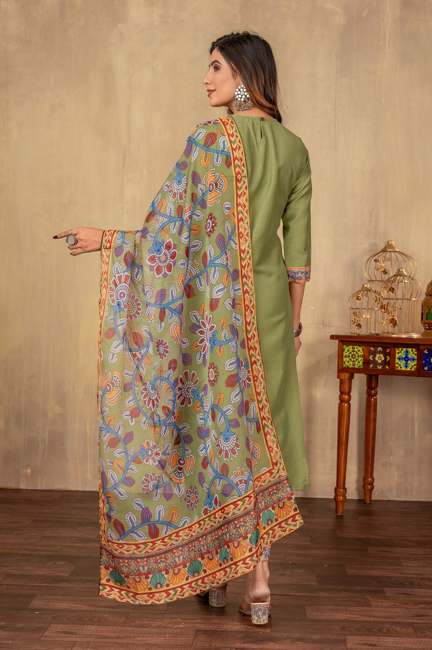 Pista Cotton Printed Kurta Set with Dupatta
