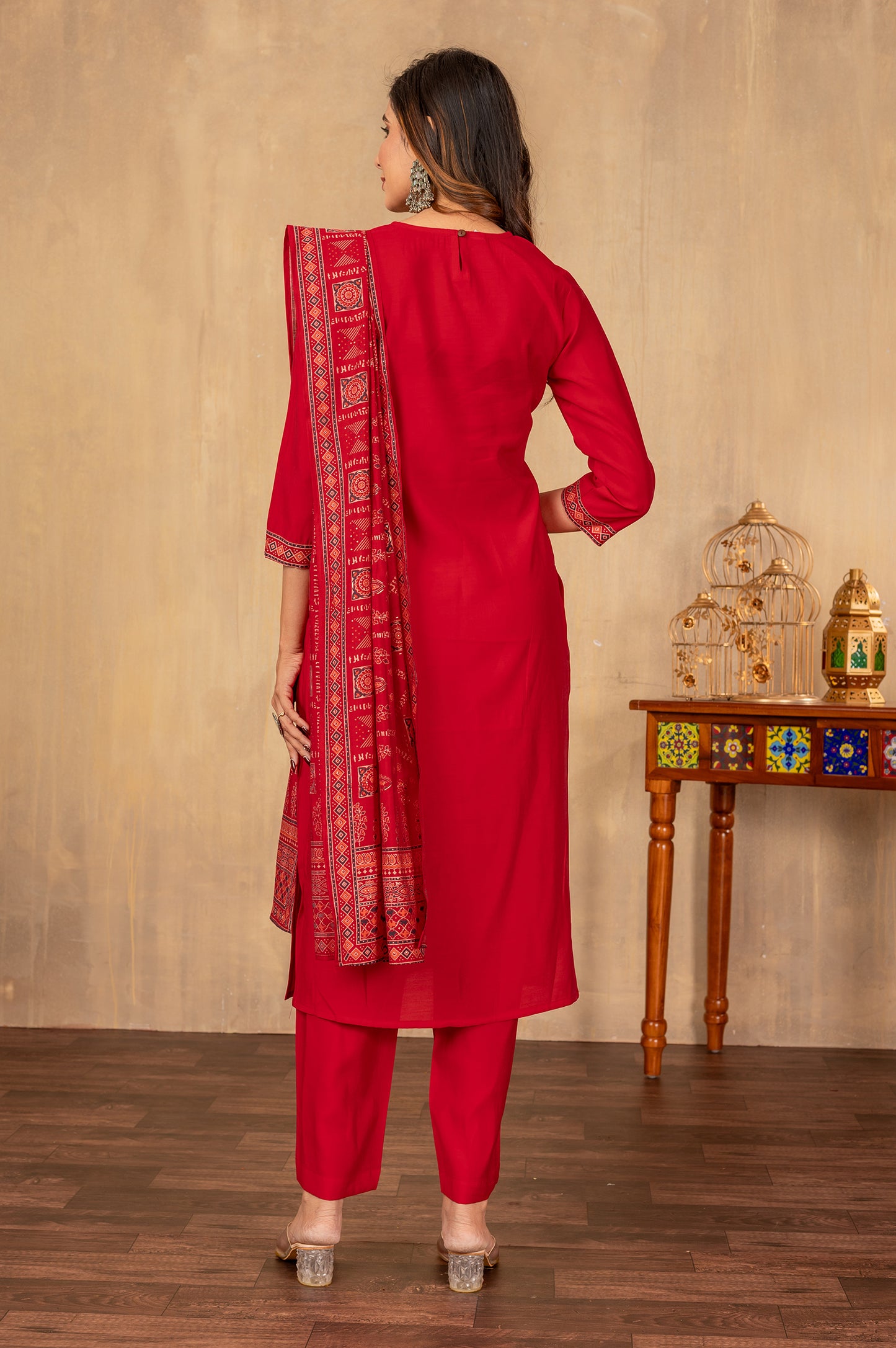 Red Cotton Printed Kurta Set with Dupatta