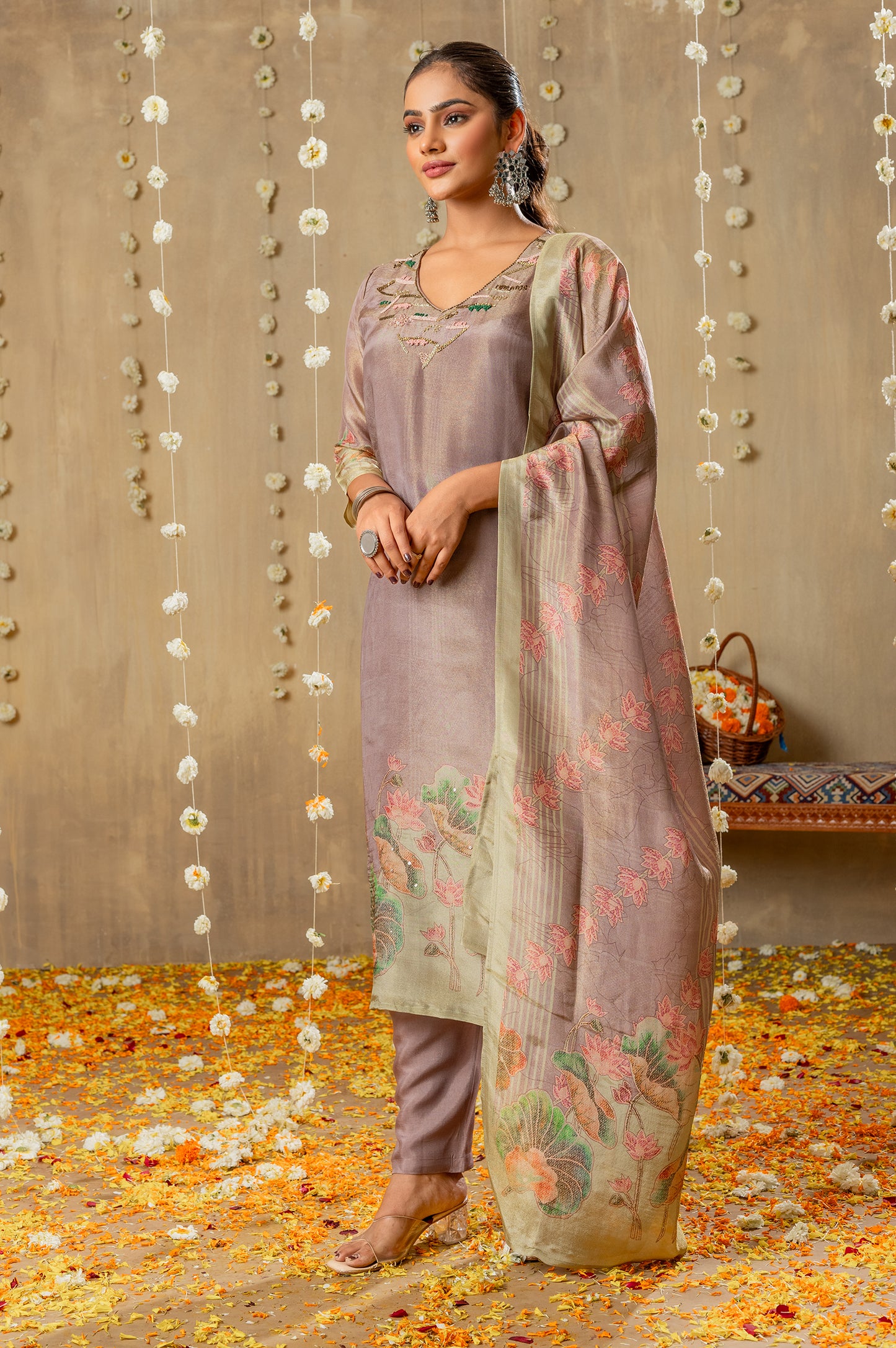Lilac Viscose Simmer Digital Print Handwork Kurta Set With Dupatta