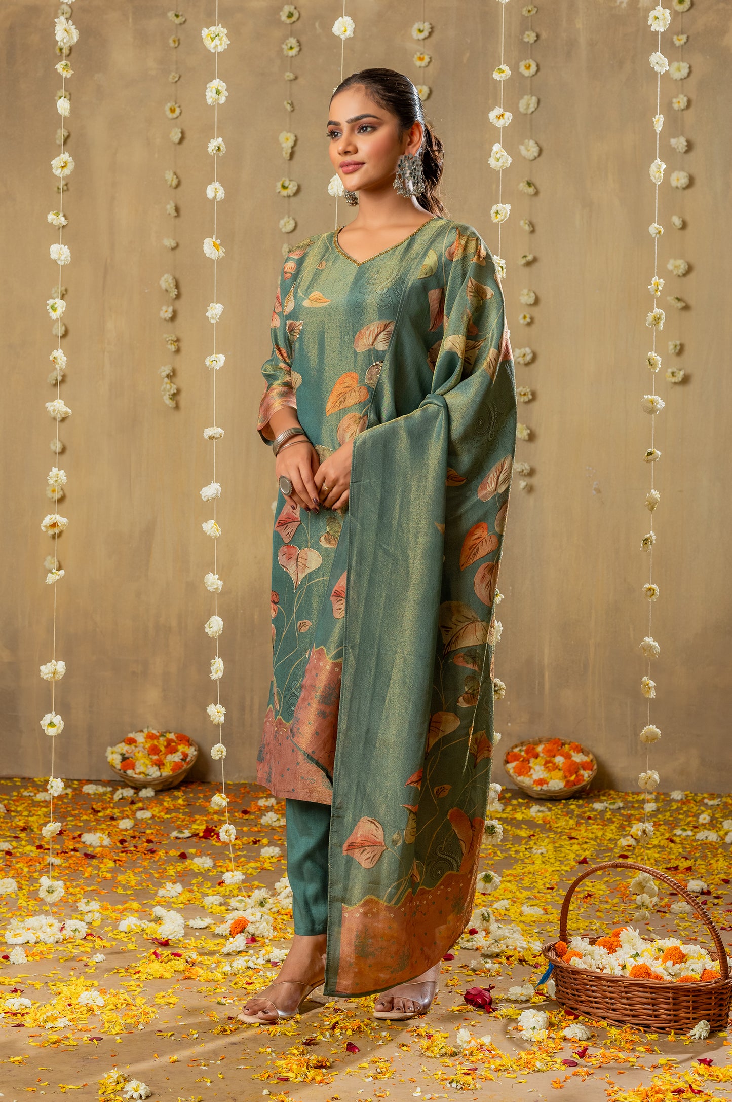 Teal Green Viscose Simmer Digital Print with Handwork Kurta Set with Dupatta