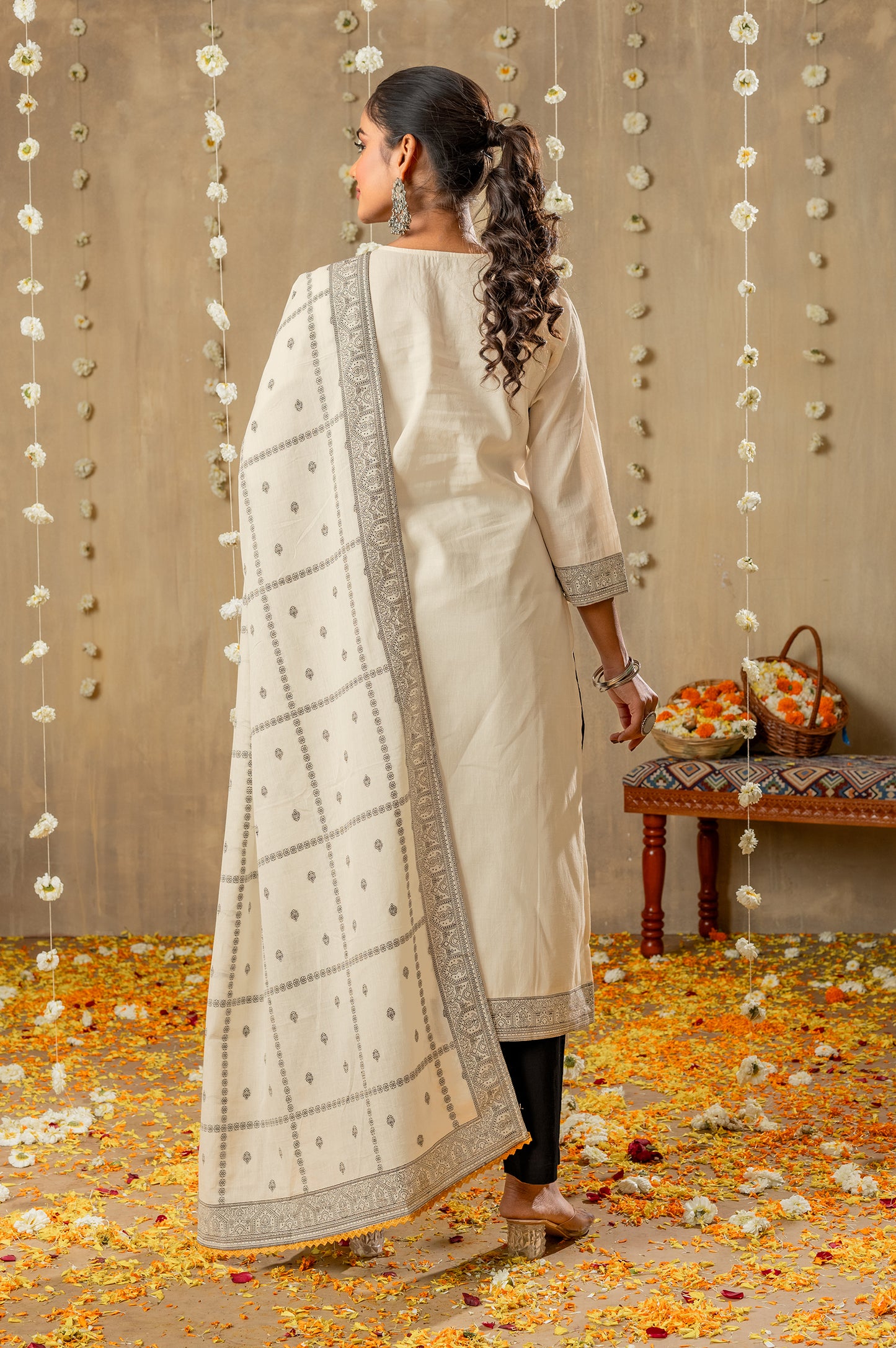 White Pure Cotton Jacquard Kurta Set with Dupatta For Women