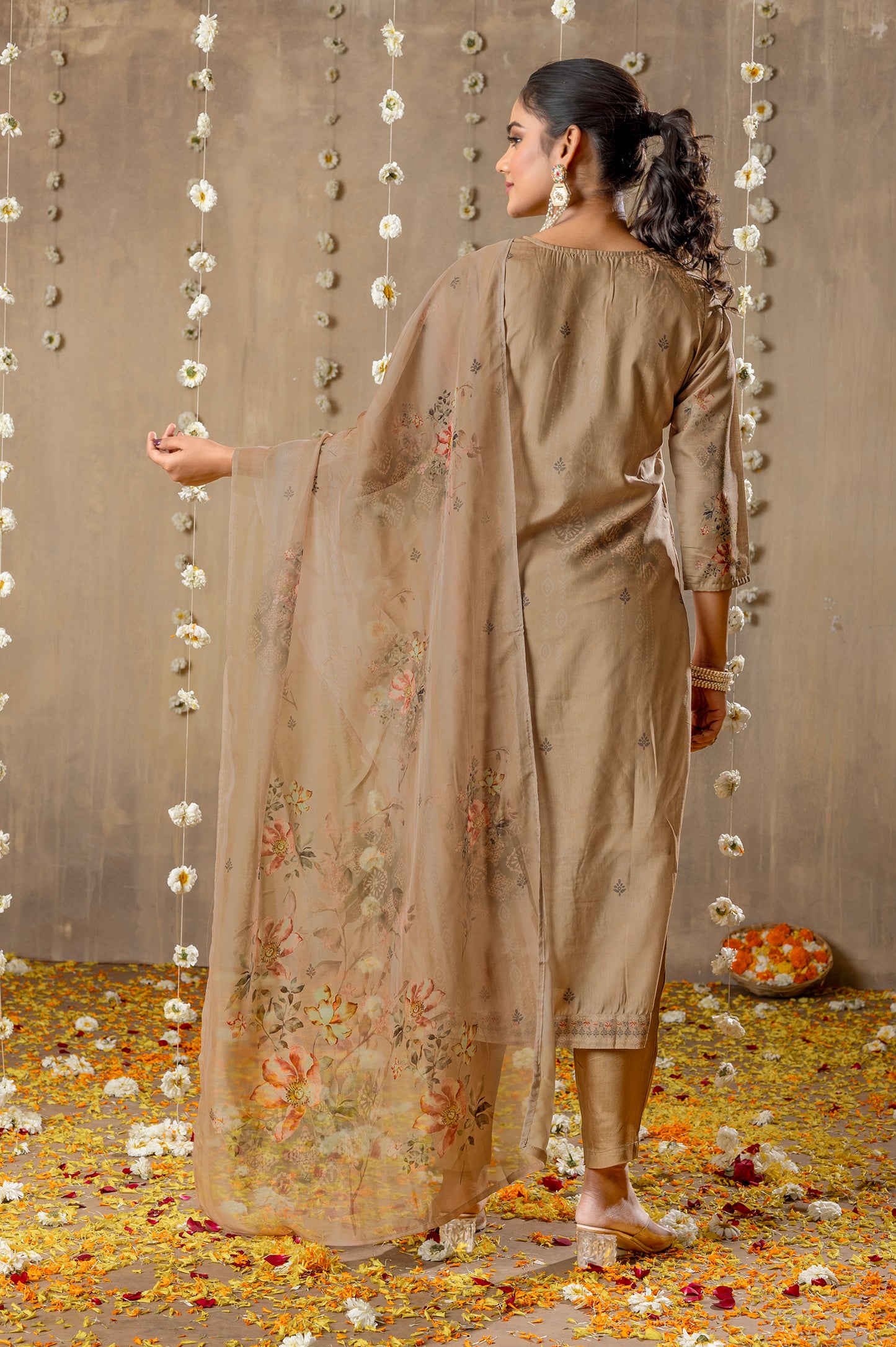 Beige Viscose Muslin Jacquard Handwork Kurta Set with Dupatta