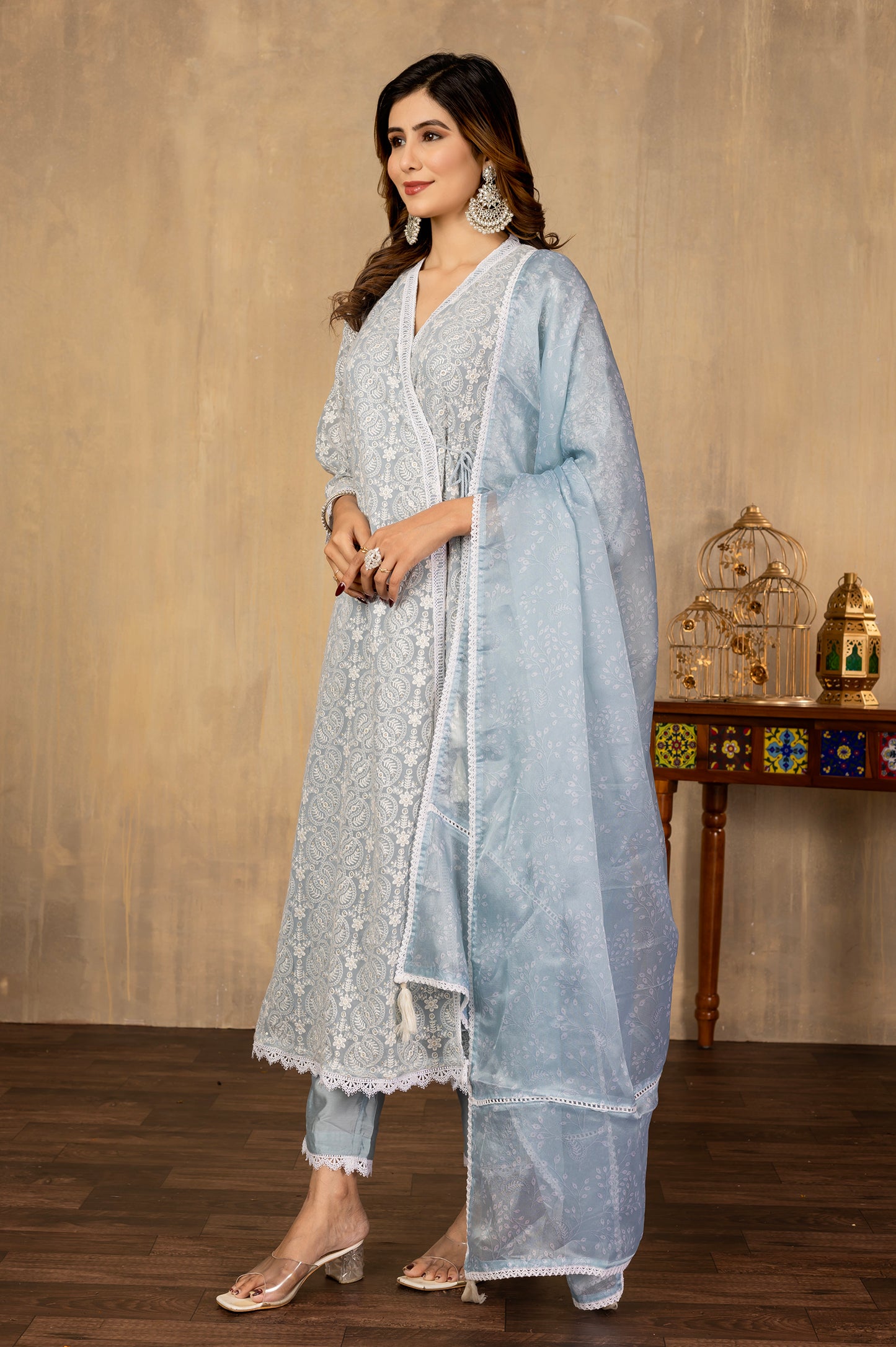 Sky Blue Chinnon Schiffli Embroidered Set Kurta Set with Dupatta