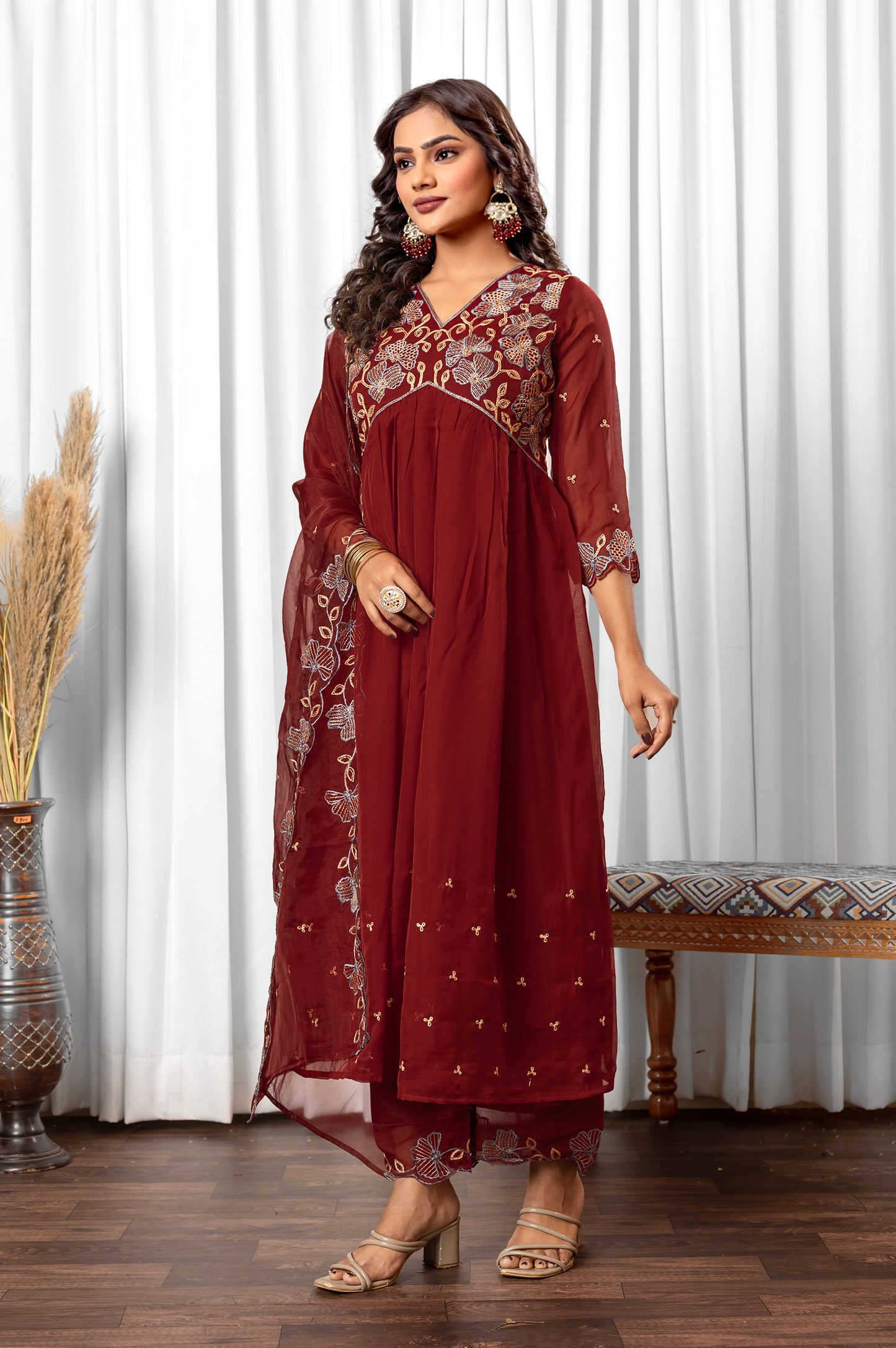 Marron Tabby Embroidered Anarkali Kurta Set with Dupatta