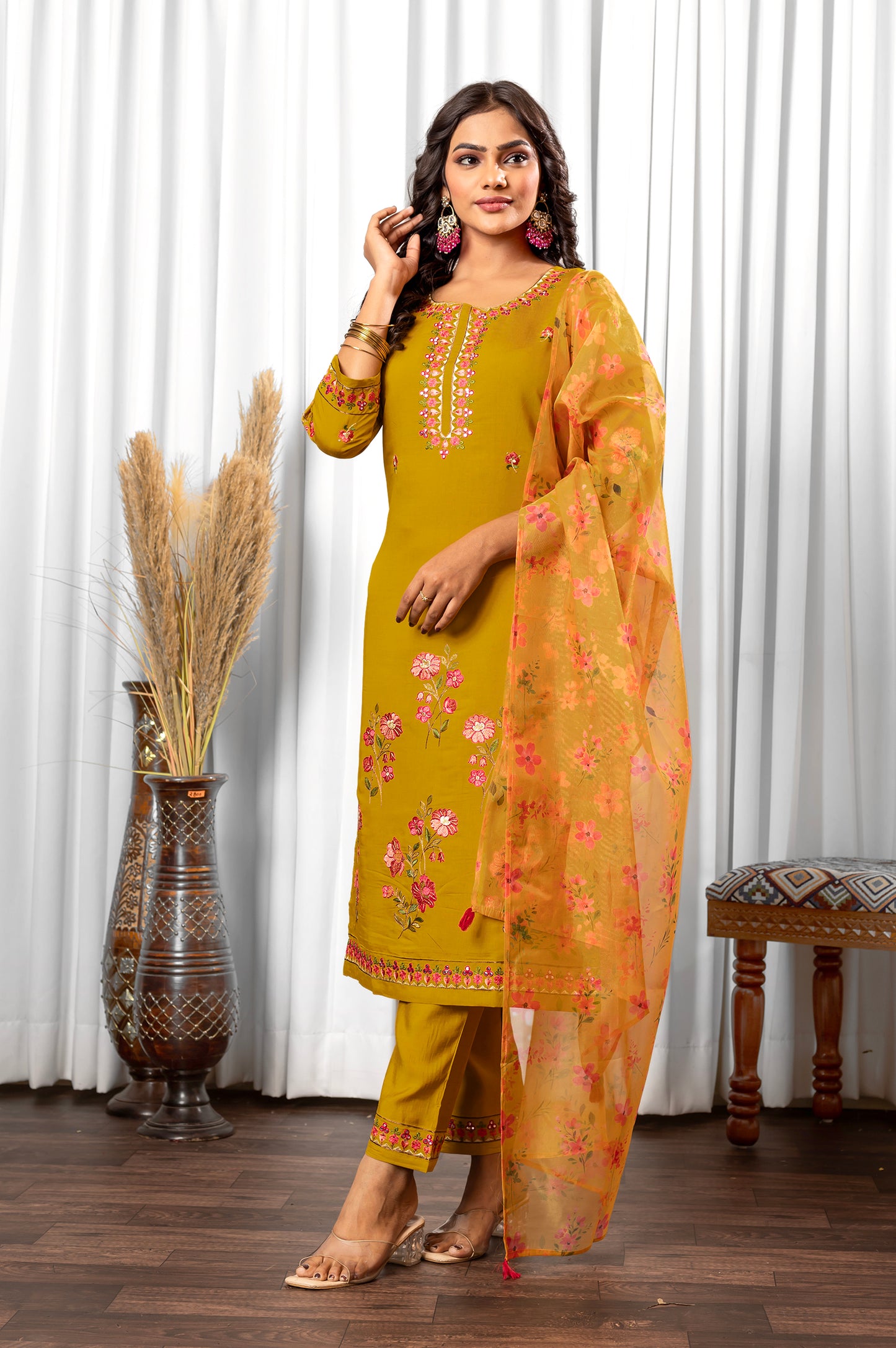 Yellow Roman Silk Embroidered With Mirror Work Kurta Set with Dupatta