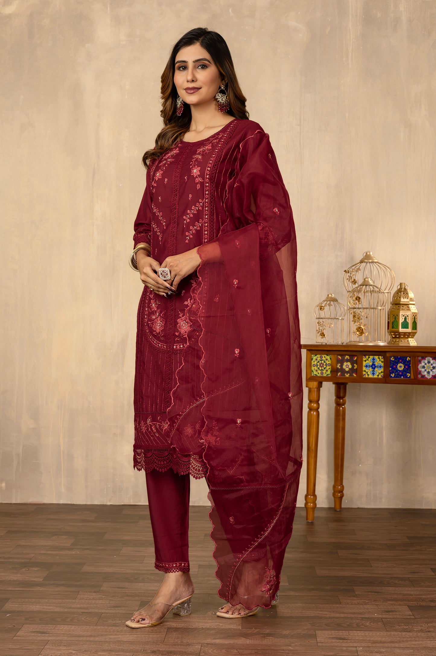 Maroon Silk Blend Embroidered Cotton inner Kurta Set with Dupatta
