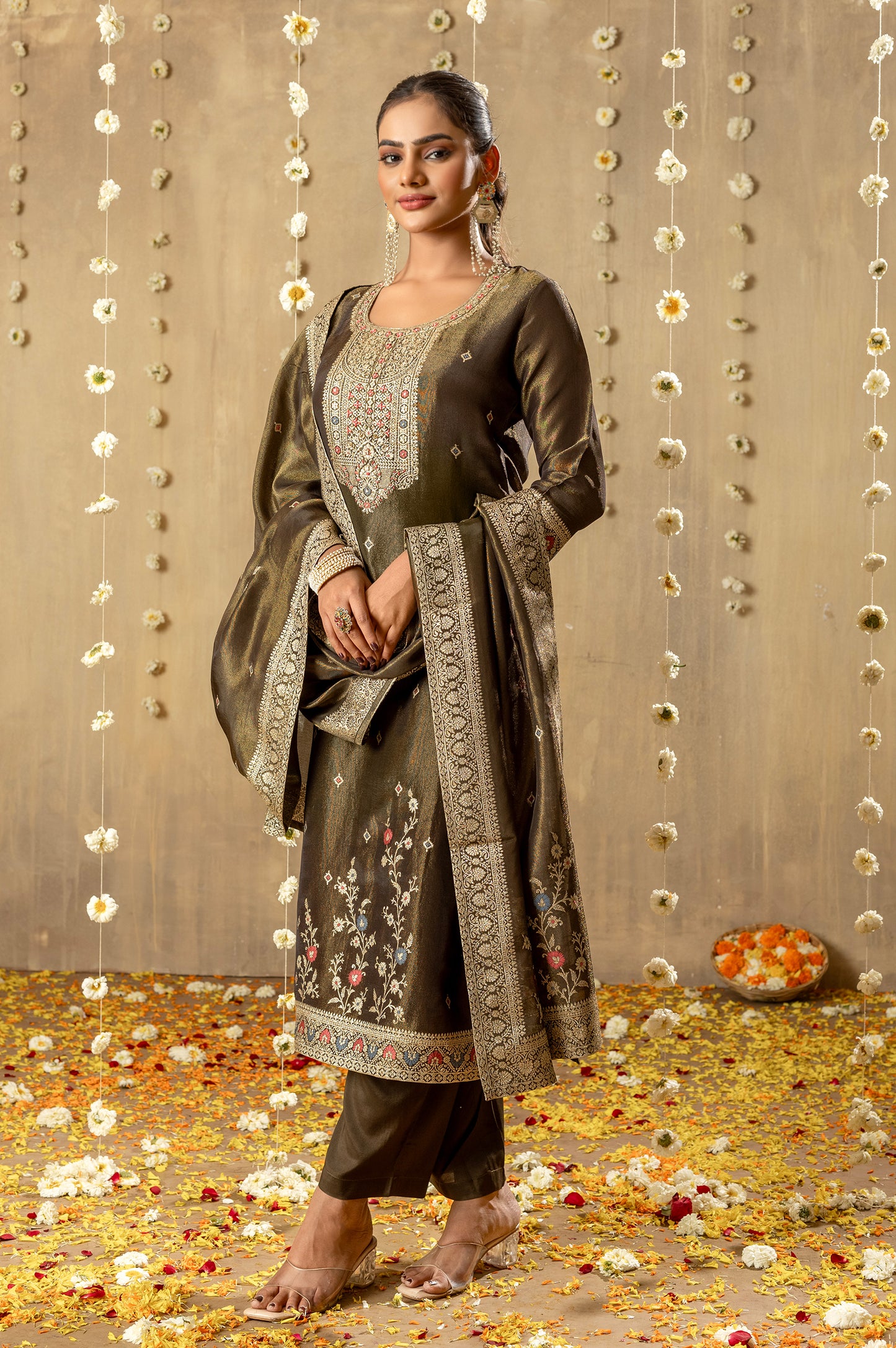 Green Viscose Simmer Jacquard with Handwork Kurta Set with Dupatta
