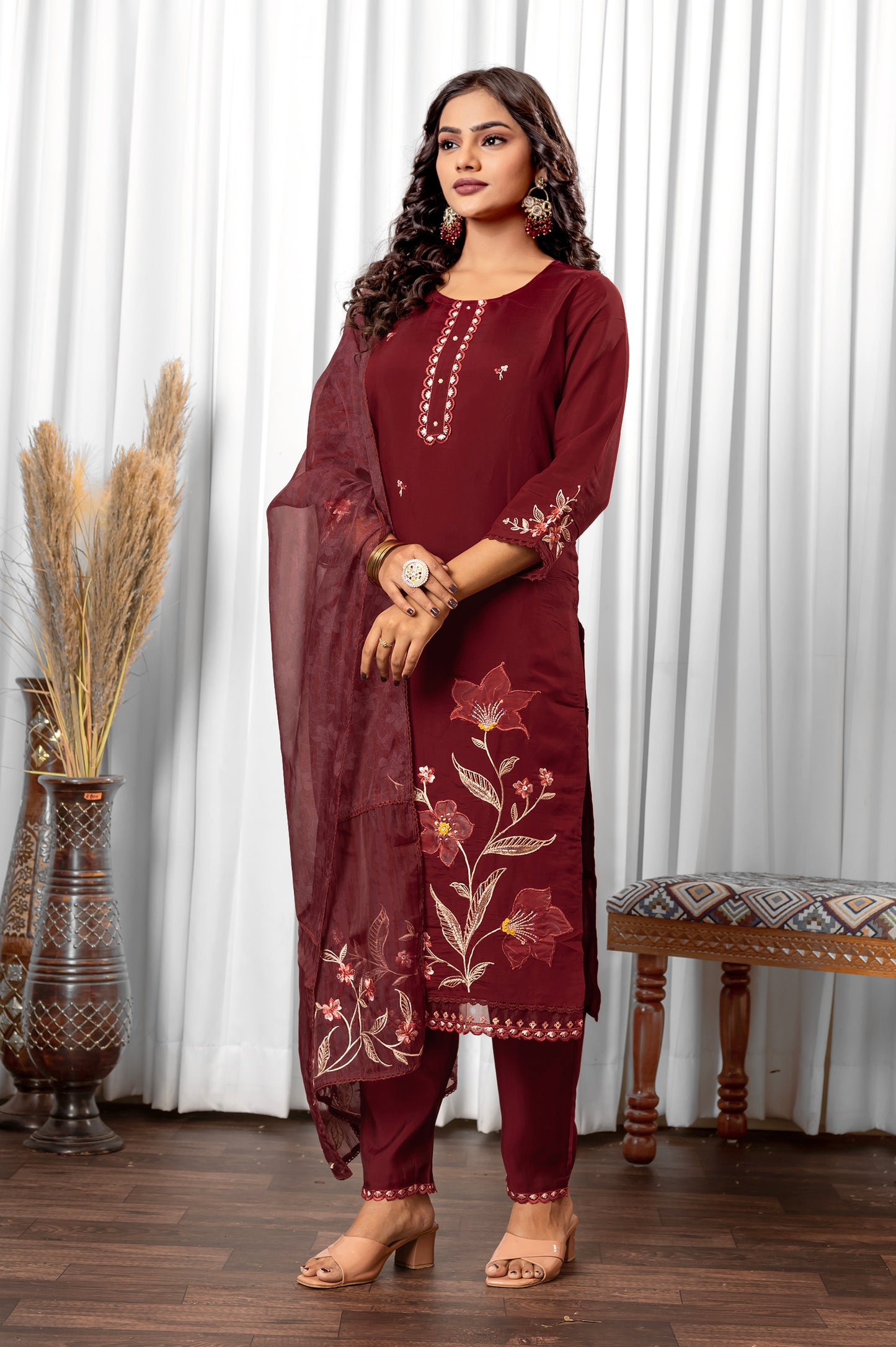 Maroon Roman Silk Embroidered With Hand Work Kurta Set with Dupatta For Women