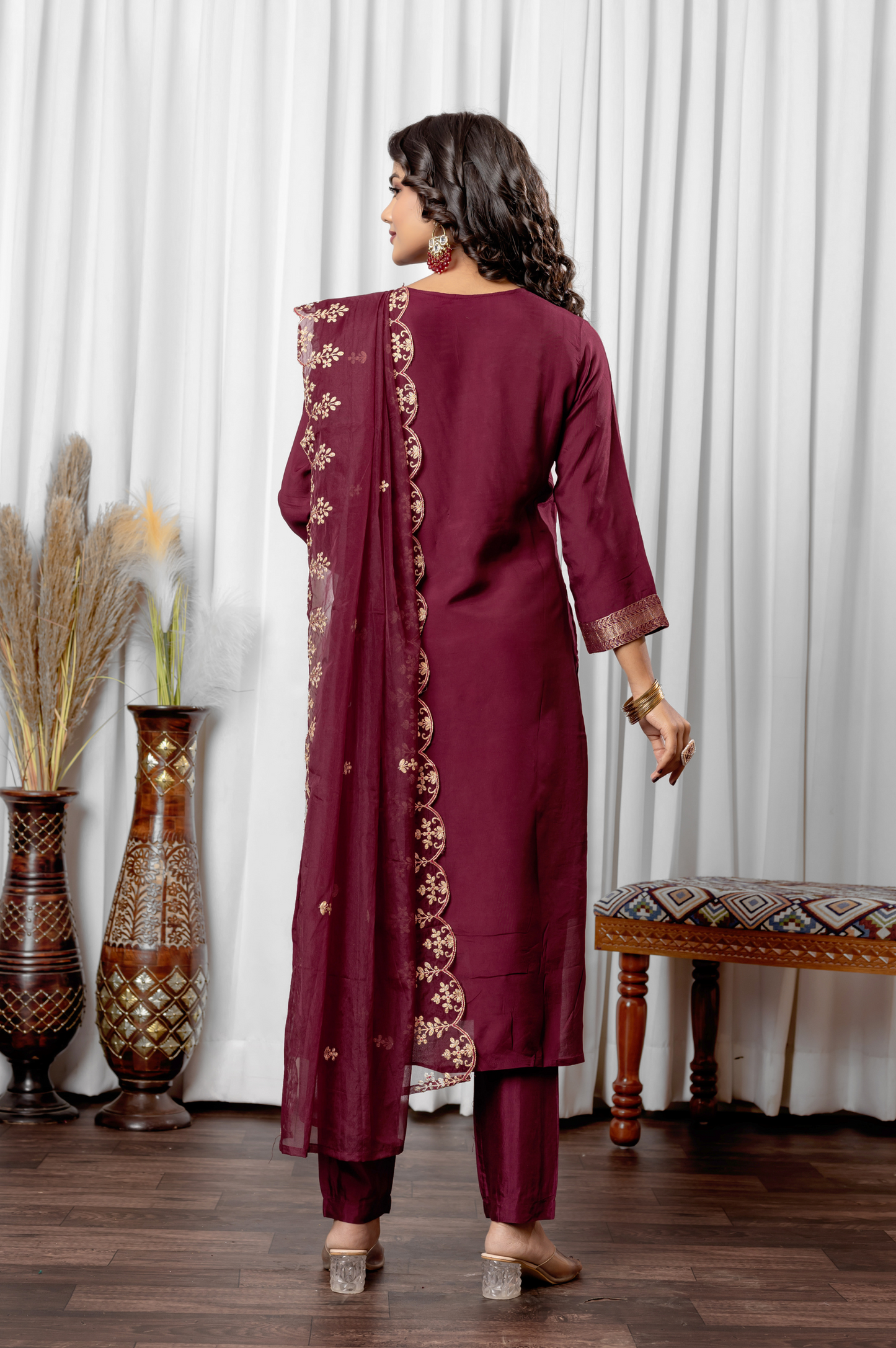 Maroon Silk Blend Jacquard Embroidered and Handwork Kurta Set with Dupatta