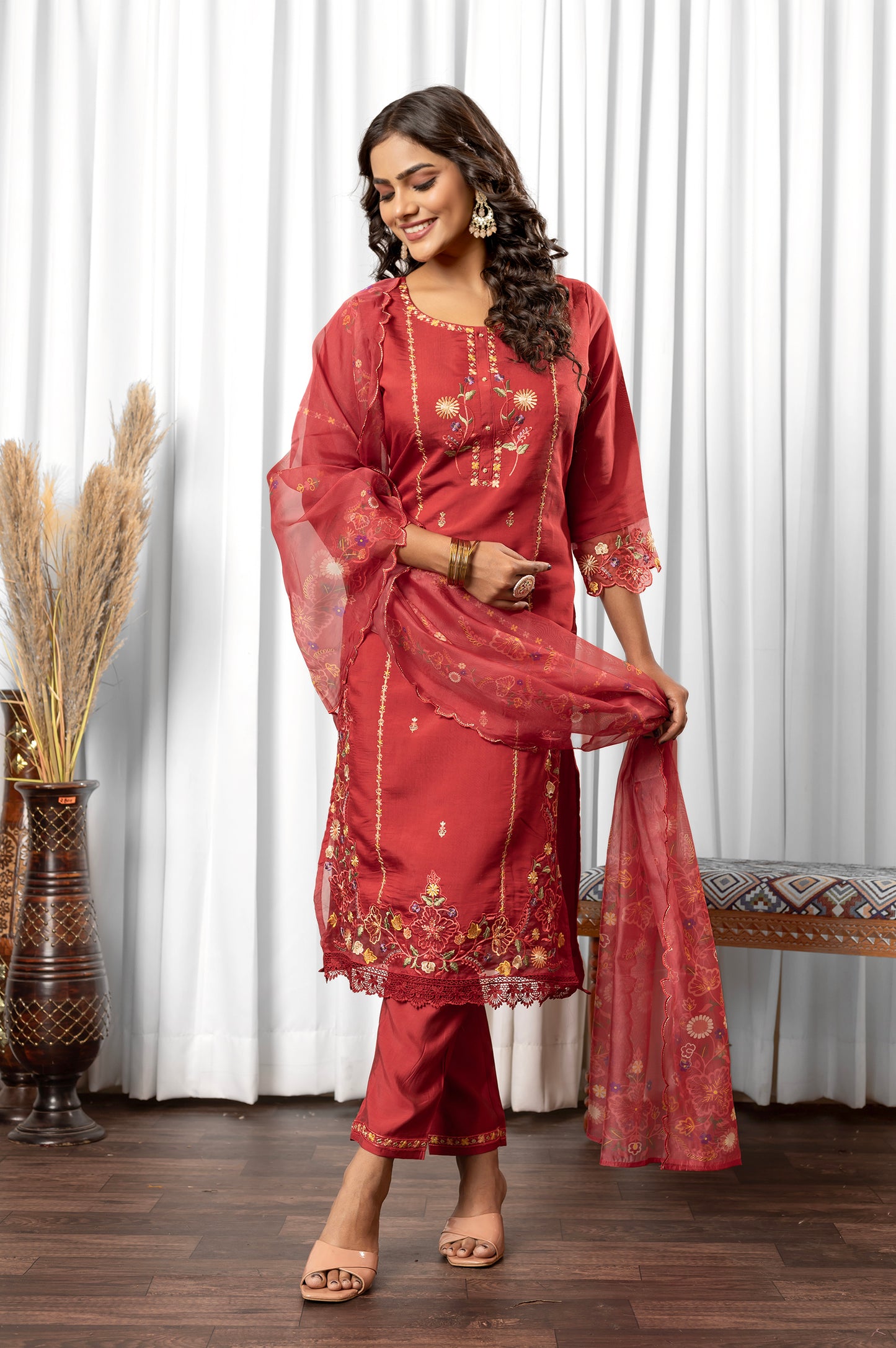 Red Romam Silk Embroidered Kurta Set with Dupatta For Women