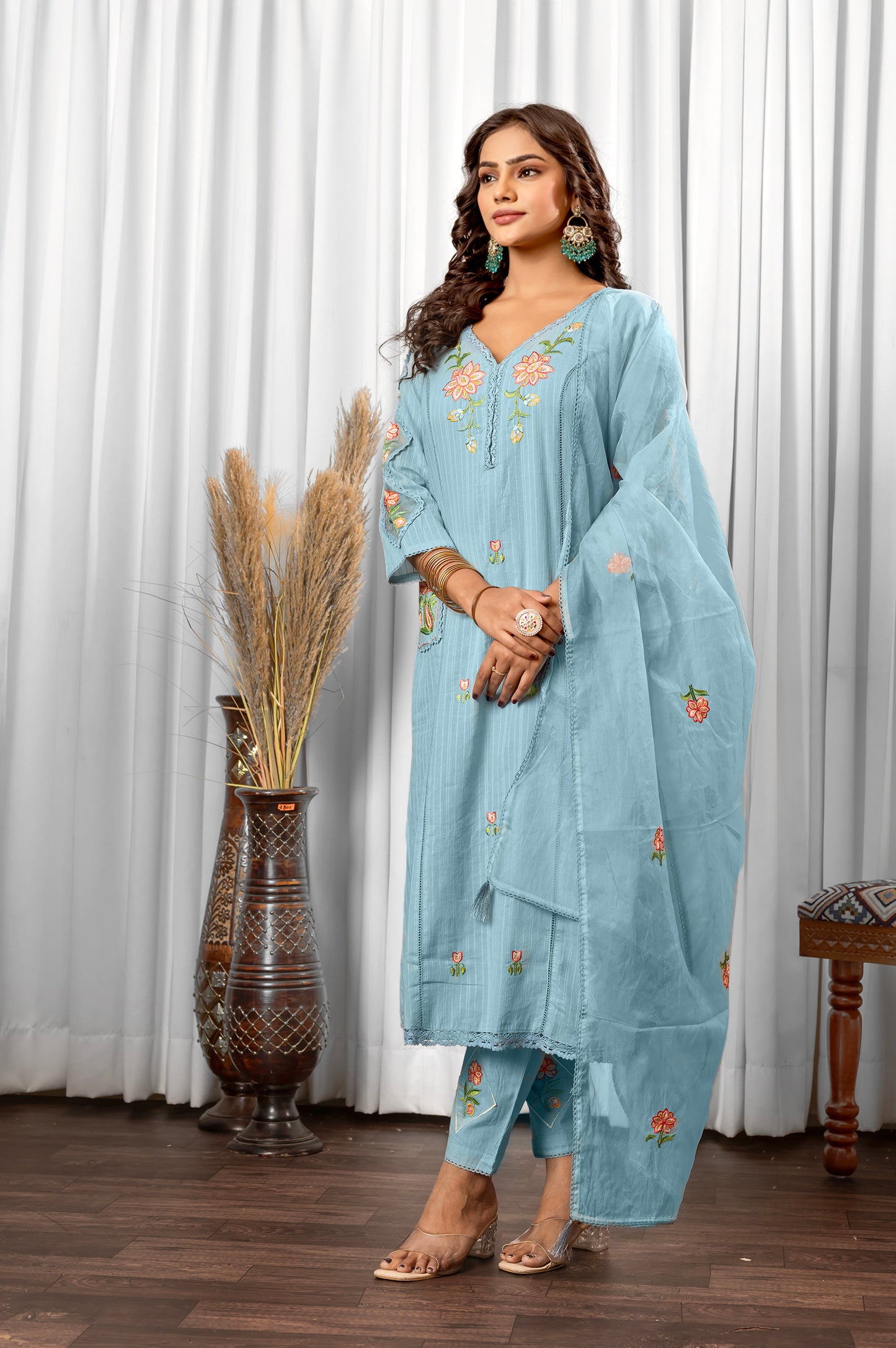 Sky Blue Pure Cotton Embroidered Kurta Set with Dupatta For Women