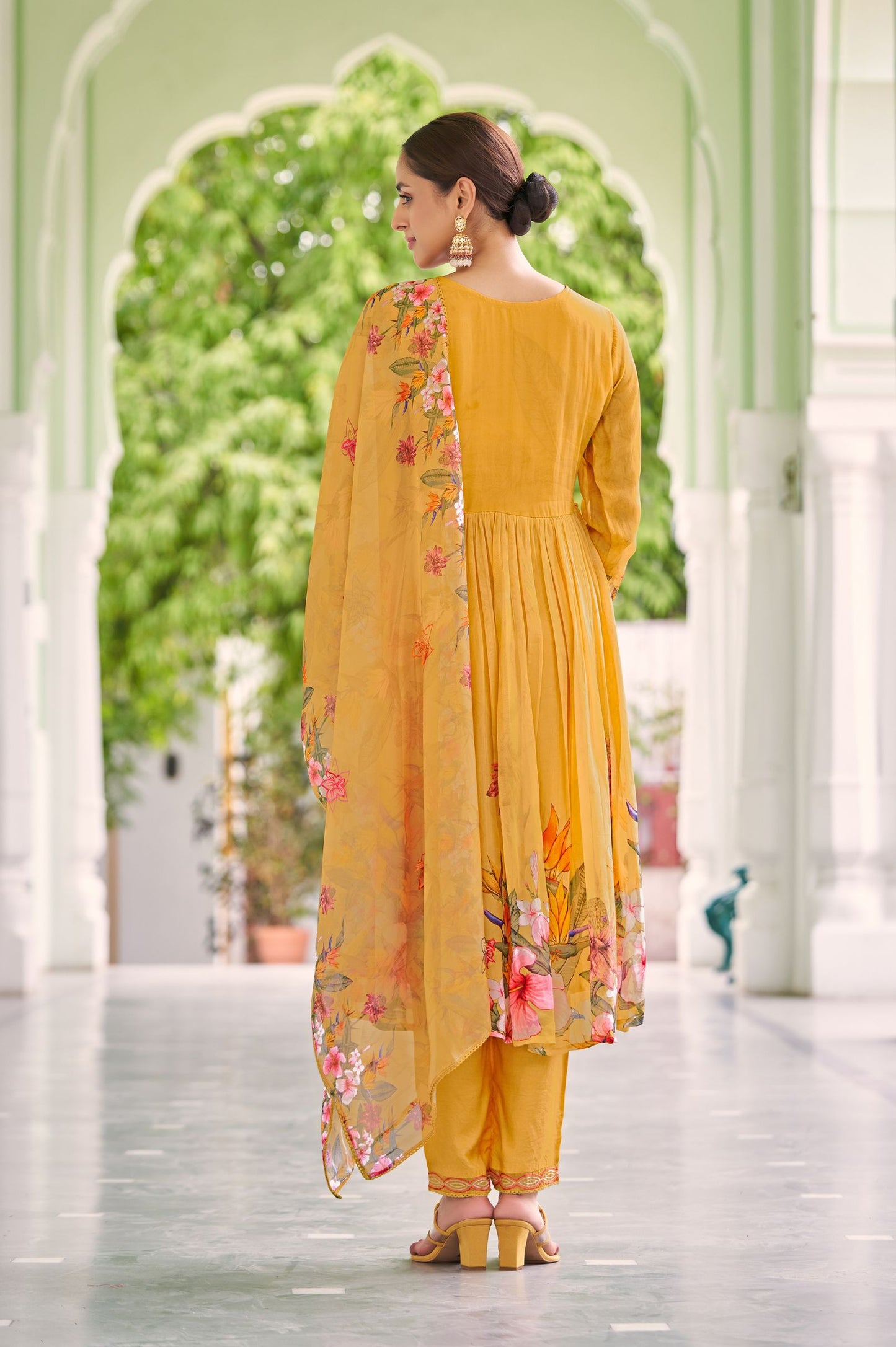 Orange Poly Organza Embroidered With Handwork Kurta Set with Dupatta
