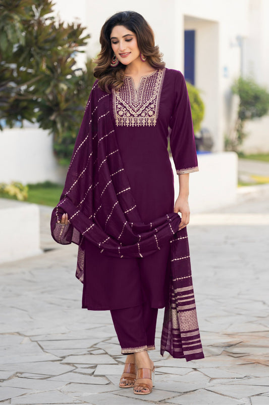 Wine Chinon Embroidered Kurta Set with Jacquard Dupatta