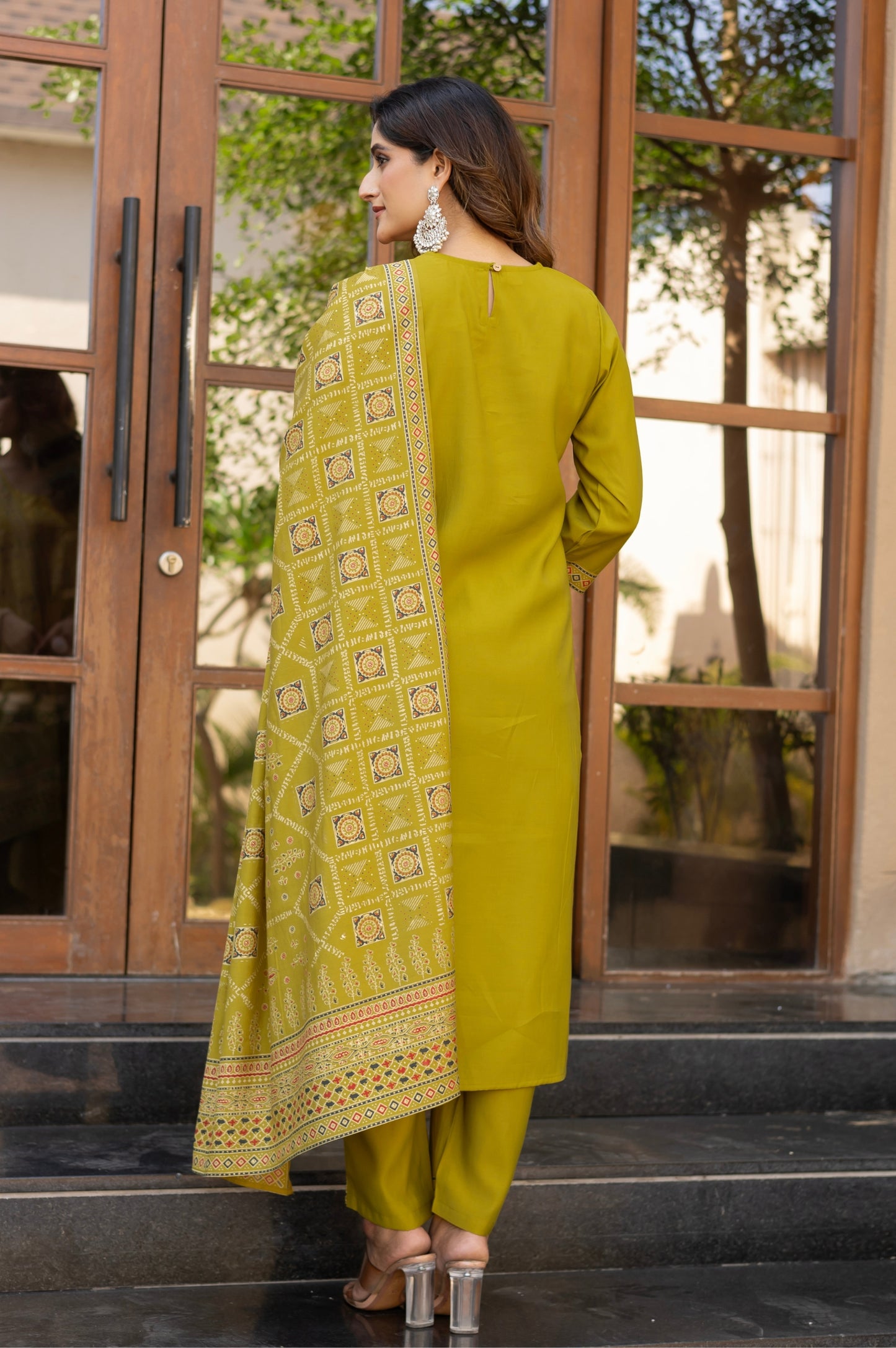 Mustard Roman Silk Printed Kurta Set with Dupatta
