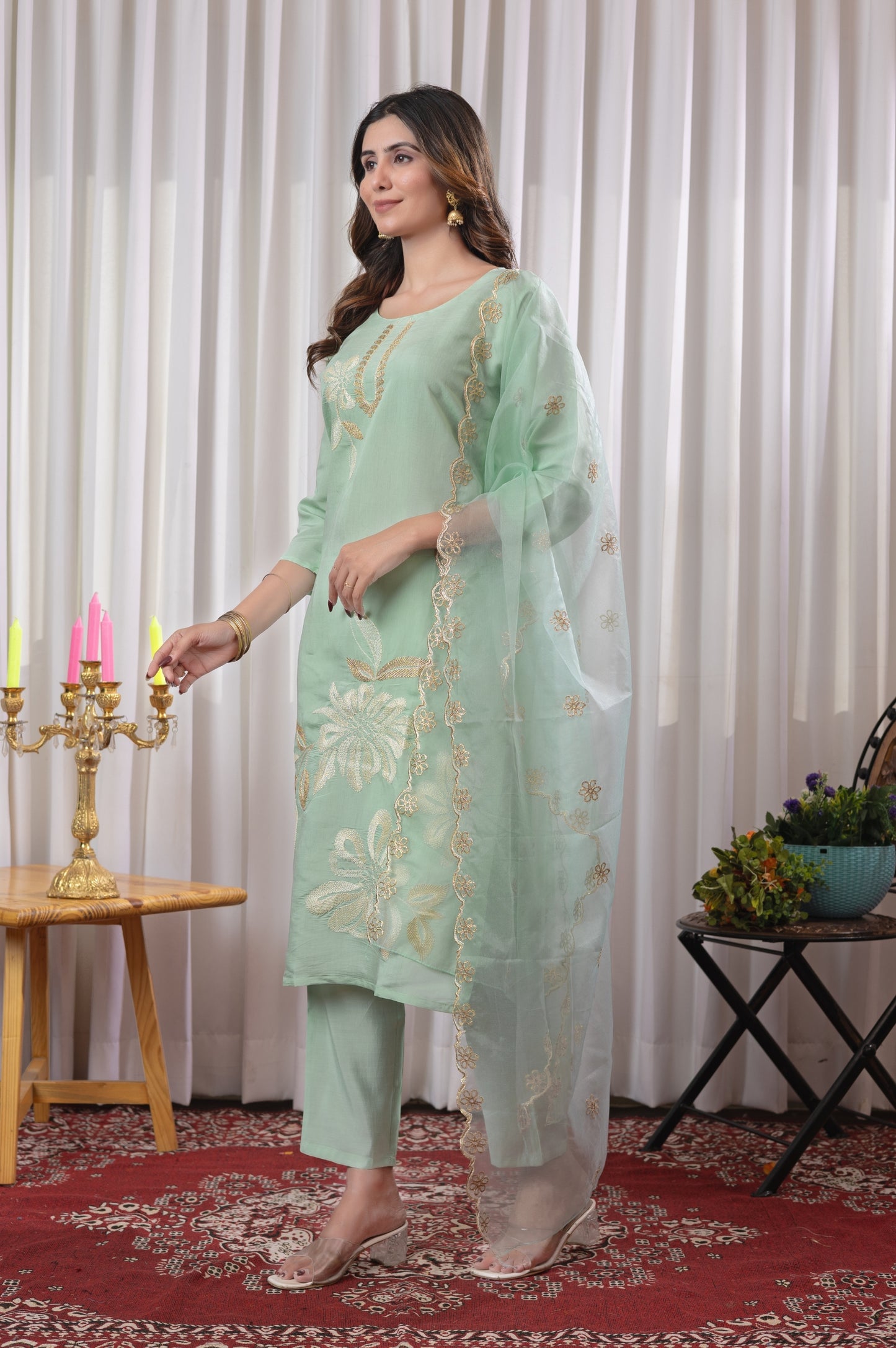 Green Roman Silk Embroidered Kurta Set with Dupatta