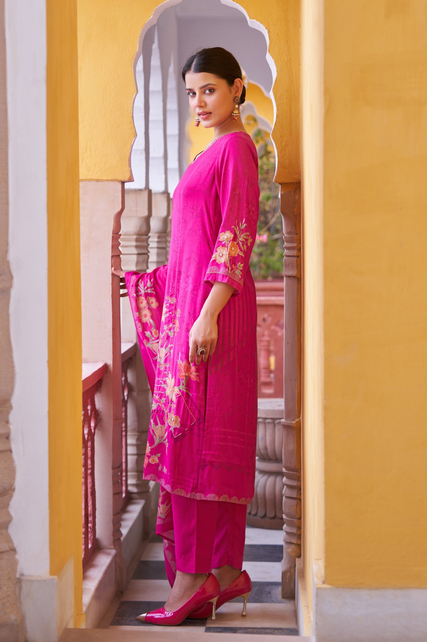 Red Pure Viscose Muslin Digital Printed With Handwork Kurta Set with Dupatta