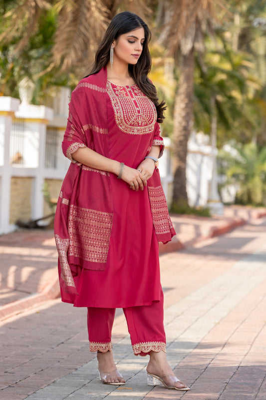 Pink Cotton Blend Embroidered Kurta Set with Dupatta For Women
