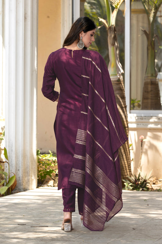 Wine Silk Blend Embroidered Kurta Set with Dupatta For Women