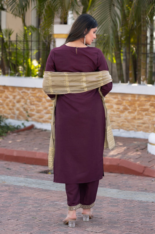 Wine Silk Blend Embroidered Kurta Set with Dupatta For Women