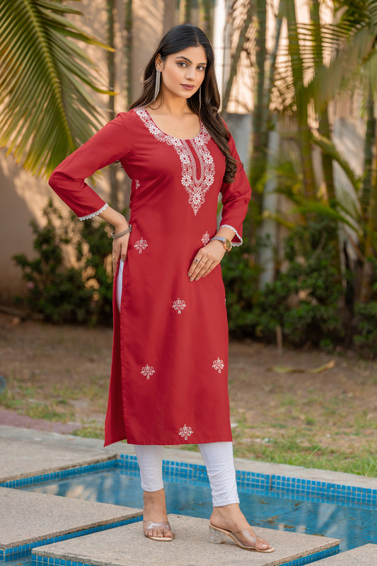 Red Cotton Blend Chikankari Embroidered Kurta For Women