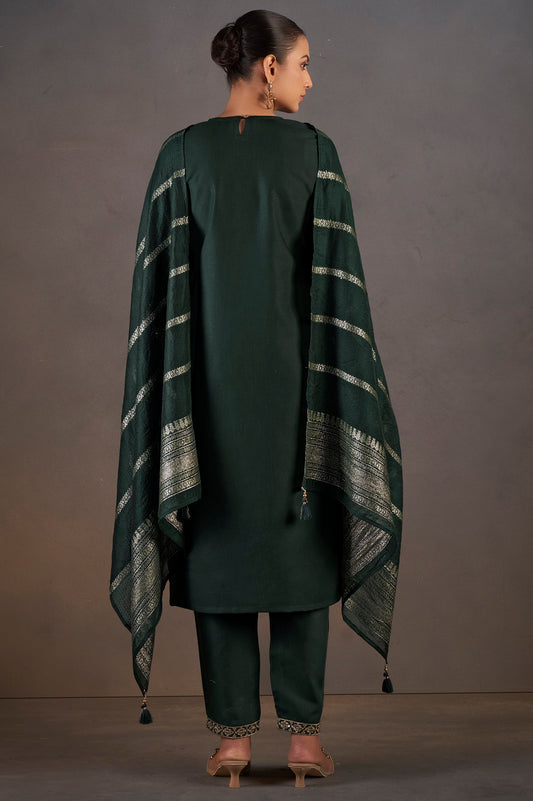 Dark Green Cotton Blend Embroidered With Sequined Work Kurta Set With Dupatta For Women