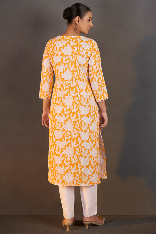 Yellow Pure Cotton Floral Printed Kurta For Women