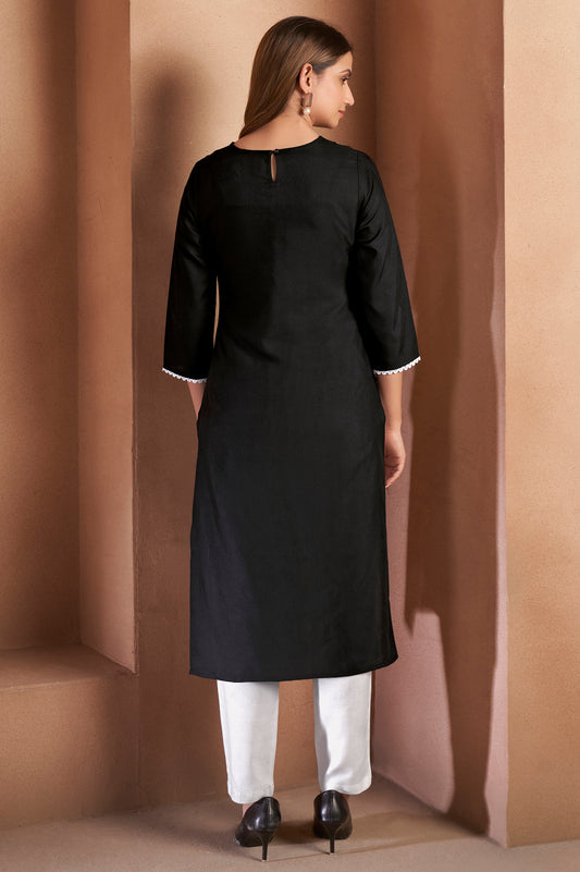 Black Cotton Blend Chikankari Embroidered Kurta For Women