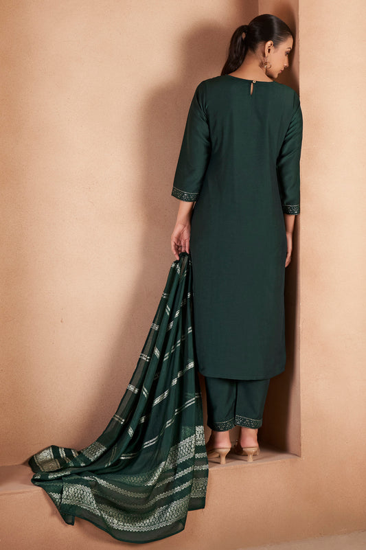 Dark Green Cotton Blend Embroidered With Sequined Work Kurta Set For Women