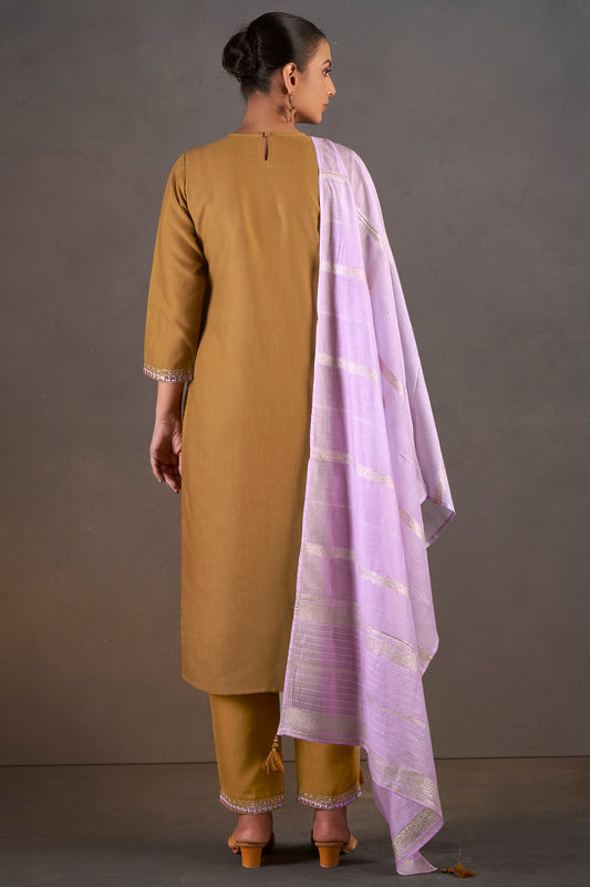 Mustard Cotton Blend Floral Embroidered Kurta Set For Women