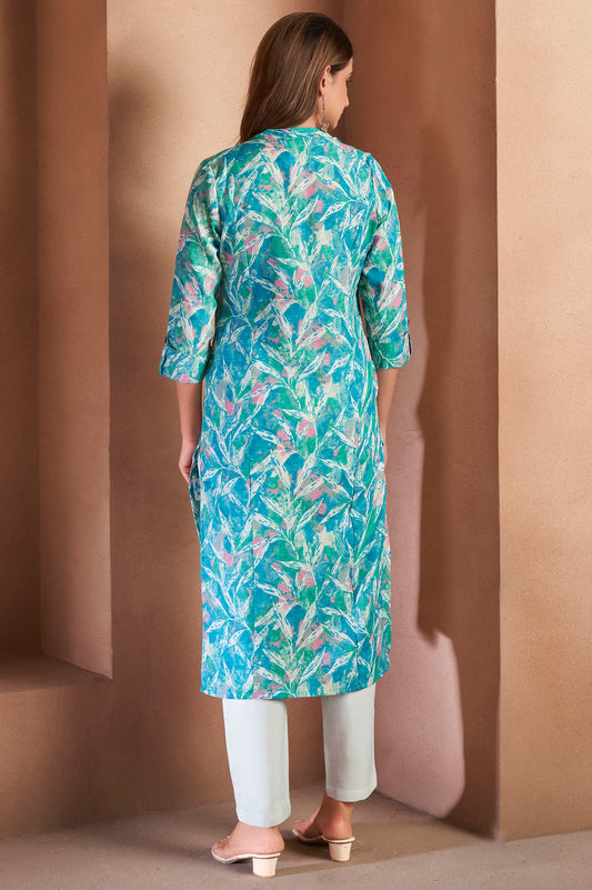 Blue Cotton Blend Floral Printed Kurta For Women