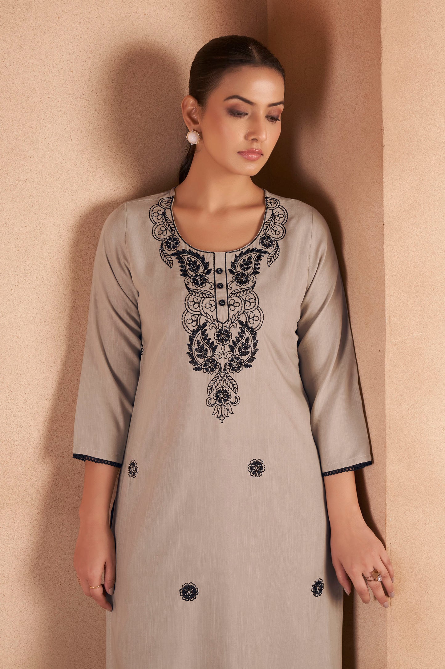 Light Brown Cotton Blend Chikankari Embroidered Kurta For Women