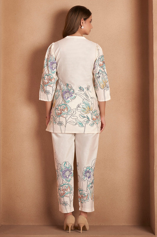White Pure Cotton Floral Printed Co-Ord Set For Women