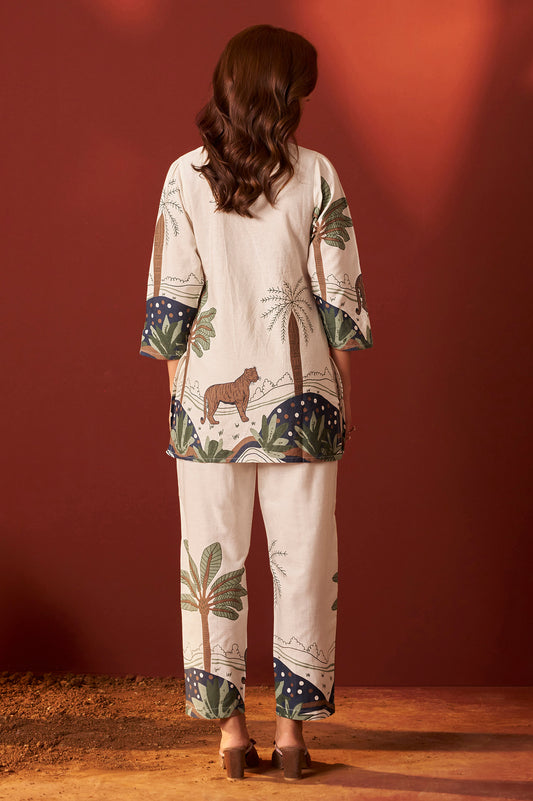 Off White Pure Cotton Printed Co-Ord Set For Women