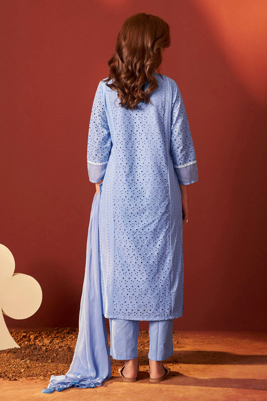 Sky Blue Pure Cotton Schiffly Kurta Set with Dupatta For Women