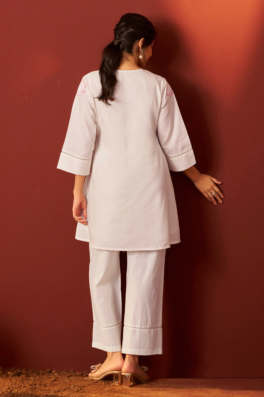Off White Pure Cotton Embroidered Co-Ord Set For Women