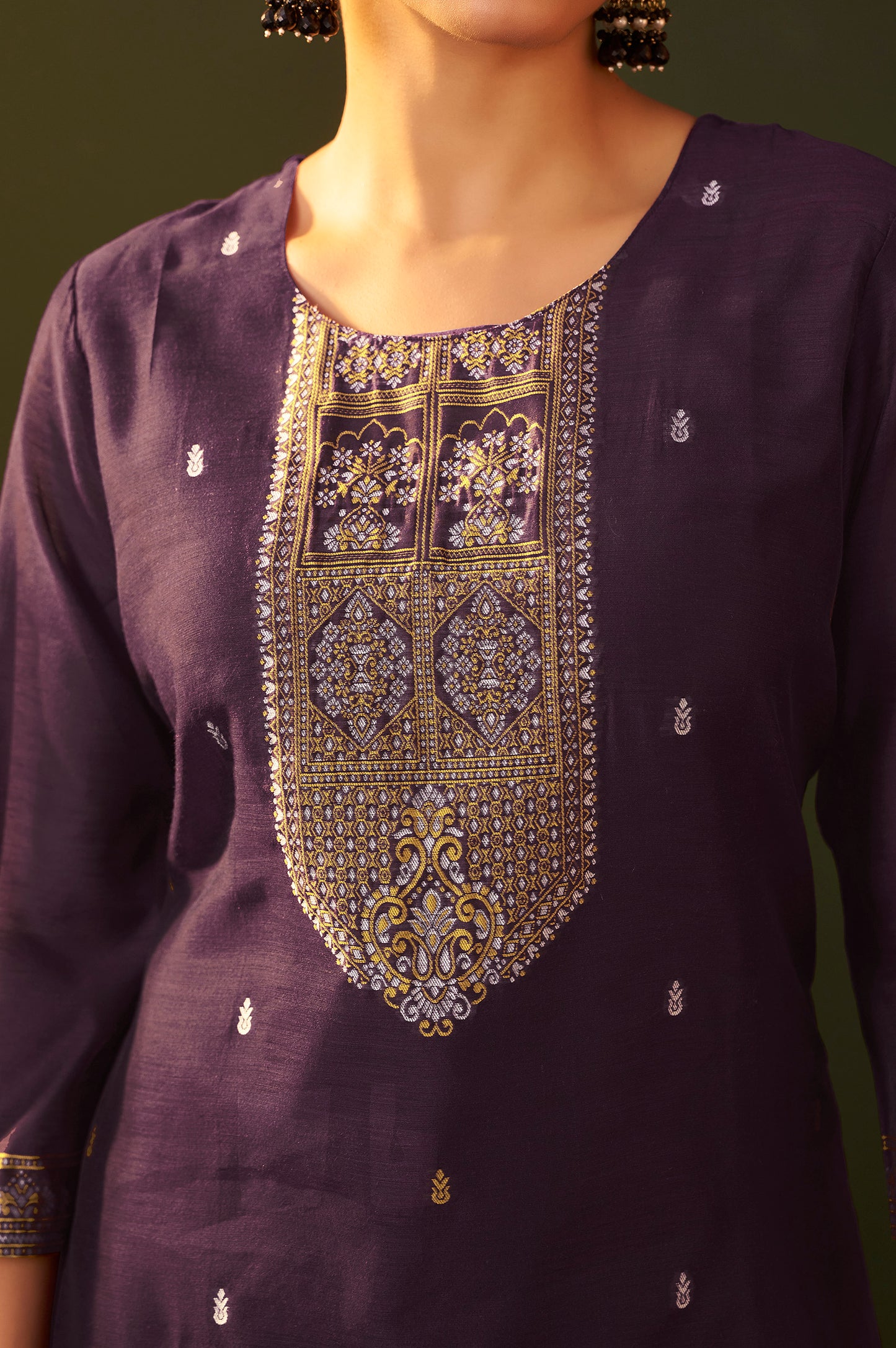 Purple Jacquard Silk Blend Straight Kurta Set with Dupatta