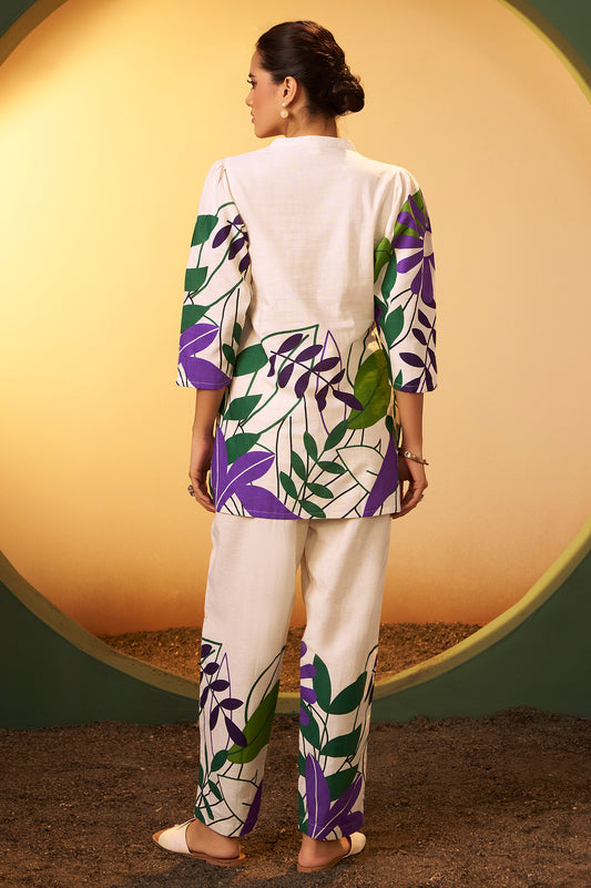 Off White Pure Cotton Floral Printed Co-Ord Set For Women