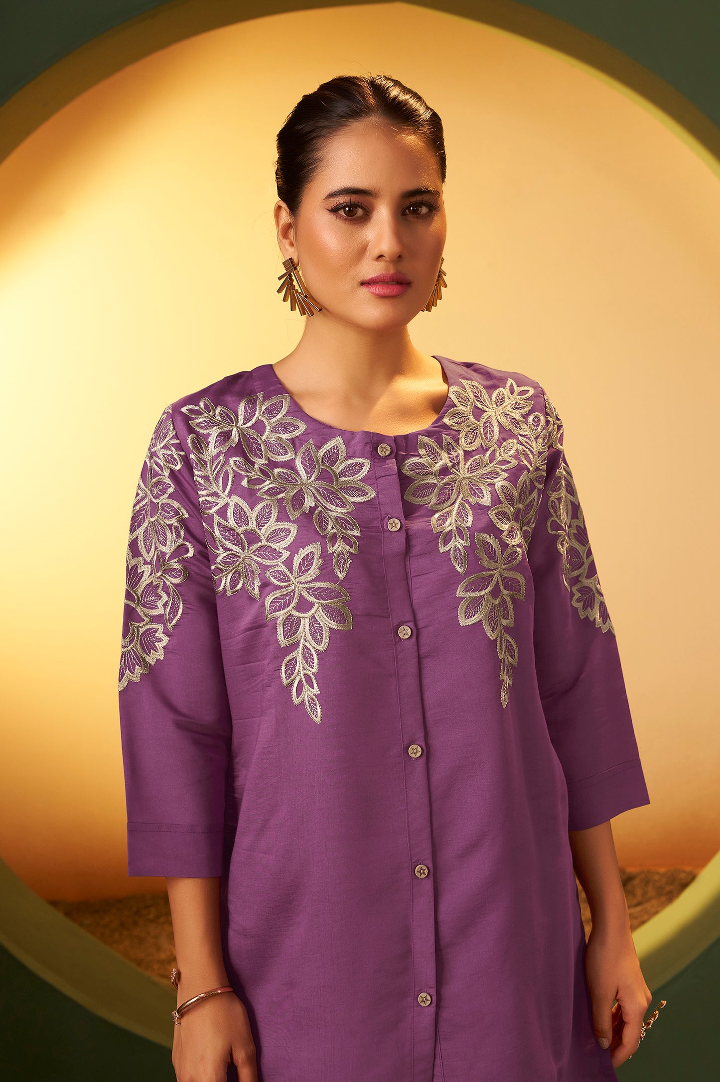 Women's Purple Embroidered Flared Roman Silk Co-ord Set