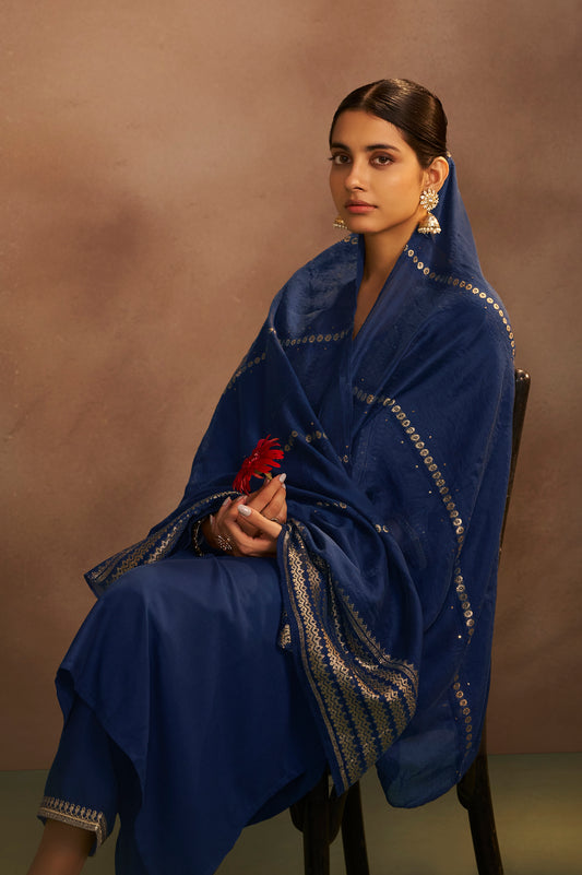Navy Blue Chinnon Embroidered Kurta Set with Jacquard Dupatta