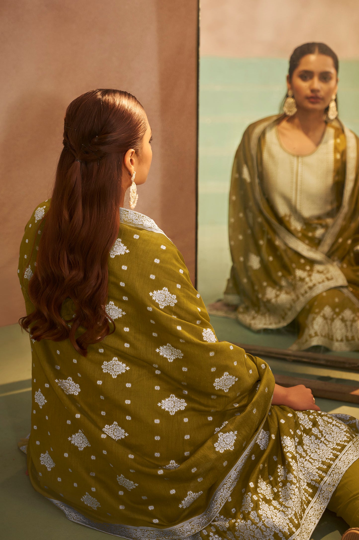 Women's Olive Green Jacquard Art Silk Straight Kurta Set with Cotton Bottom & Silk Blend Dupatta
