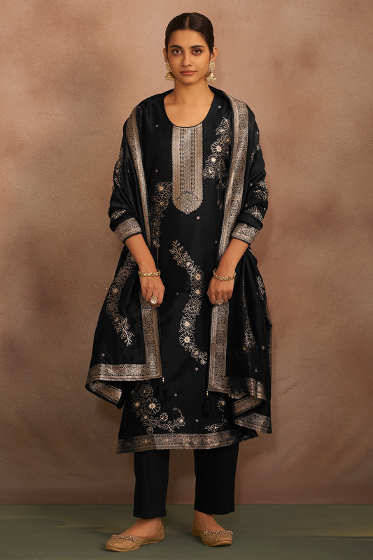 Women's Black Jacquard Art Silk Straight Kurta Set with Cotton Bottom & Silk Blend Dupatta
