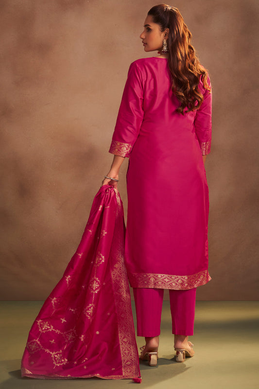 Women's Rani Jacquard Art Silk Straight Kurta Set with Cotton Bottom & Silk Blend Dupatta