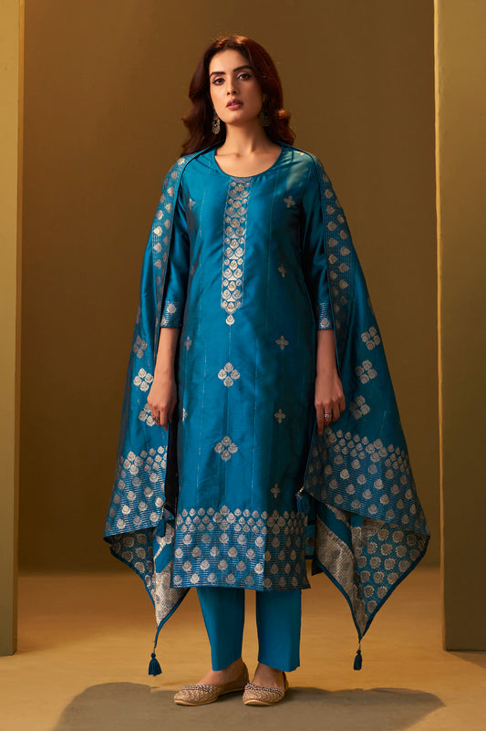 Women's Turquoise Blue Art Silk Jacquard Kurta Set with Cotton Bottom and Jacquard Dupatta