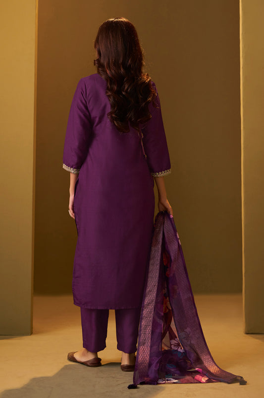 Women's Designer Wine Cotton Blend Embroidered Straight Kurta with Pant and Organza Jacquard Printed Dupatta Set