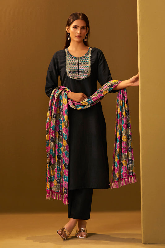 Women's Black Cotton Blend Embroidered Straight Kurta Set Multicolor Chinon Patola Printed Dupatta Set