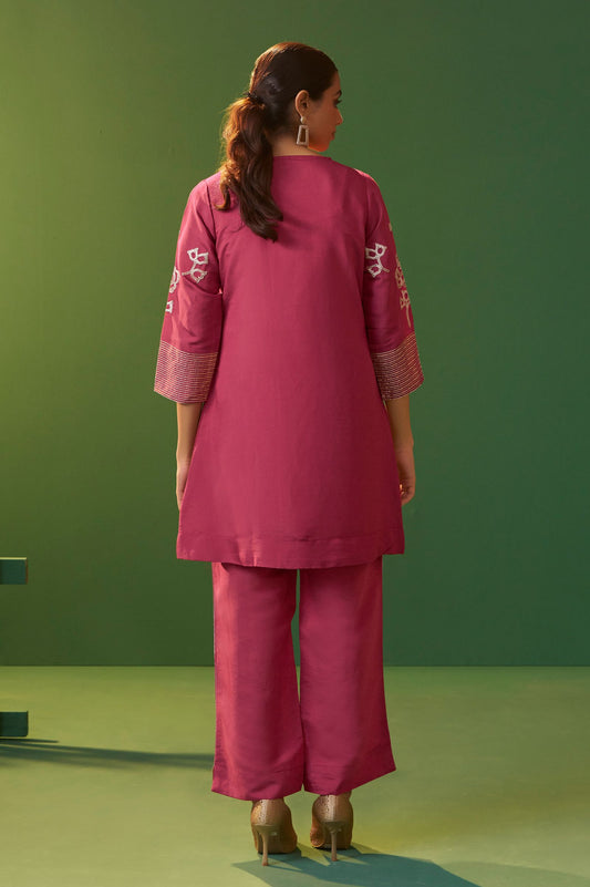 Bright Pink Roman Silk Embroidered A-Line Co-Ord Set