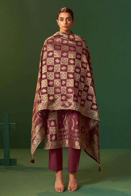 Wine Jacquard Art Silk Kurta Set with Cotton Bottom & Silk Jacquard Dupatta